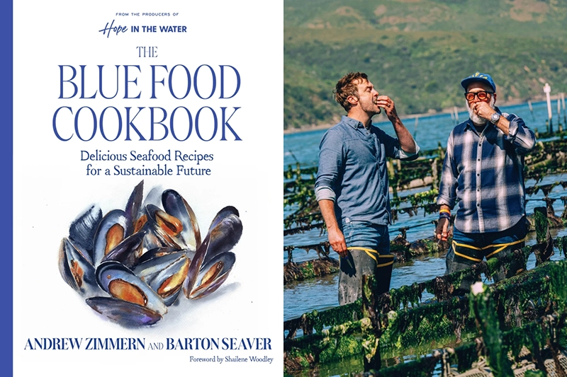 This combination of images released by Harvest, an imprint of HarperCollins Publishers, shows cover art for “The Blue Food Cookbook: Delicious Seafood Recipies for a Sustainable Future,” left, and a photo of co-authors Barton Seaver, left, and Andrew Zimmern. (Harvest via AP, left, and Eric Wolfinger via AP)