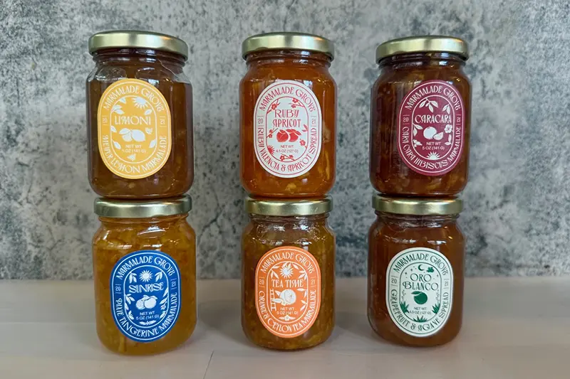 This image shows a variety of citrus marmalades from Marmalade Grove in Ojai, Calif. (Katie Workman via AP)