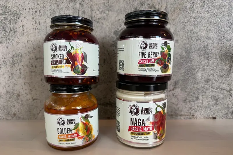 Various condiments inspired by South Asian flavors from Auntie Rana’s. (Katie Workman via AP)