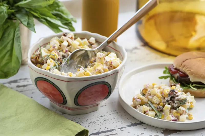 A recipe for corn and potato salad is displayed in New York on July 5, 2018. (Cheyenne Cohen via AP)