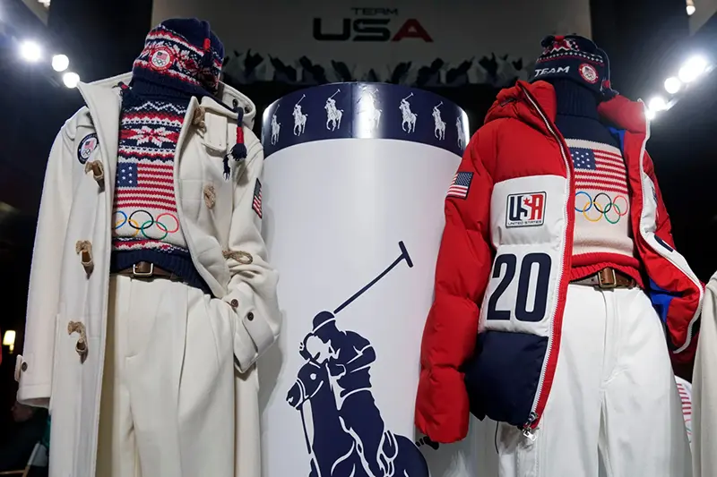Ralph Lauren’s Team USA opening and closing ceremony uniforms for the 2026 Milan Cortina Winter Olympics are displayed at Ralph Lauren headquarters, Wednesday, Dec. 3, 2025, in New York. (Photo by Charles Sykes/Invision/AP)