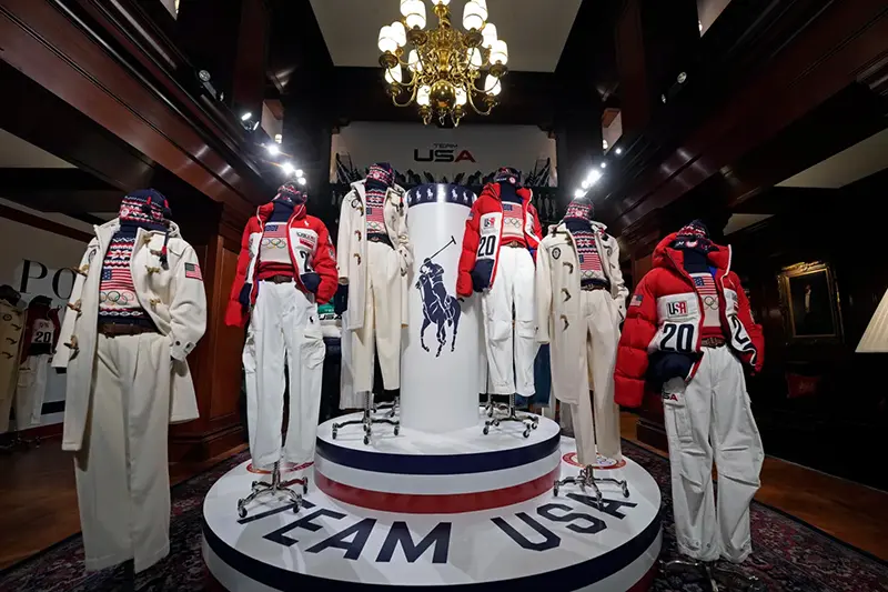 Ralph Lauren’s Team USA opening and closing ceremony uniforms for the 2026 Milan Cortina Winter Olympics are displayed at Ralph Lauren headquarters, Wednesday, Dec. 3, 2025, in New York. (Photo by Charles Sykes/Invision/AP)